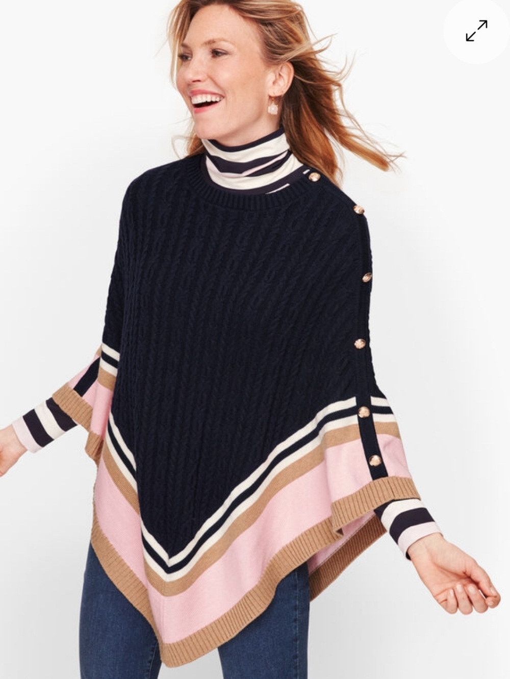 NWT Talbots Women's Navy Blue Cable Knit Striped Cashmere Blend Poncho Sweater